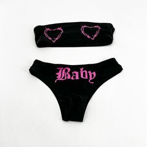 Urban Outfitters Black/Pink S bottoms w "Baby" +  M Top w Hearts